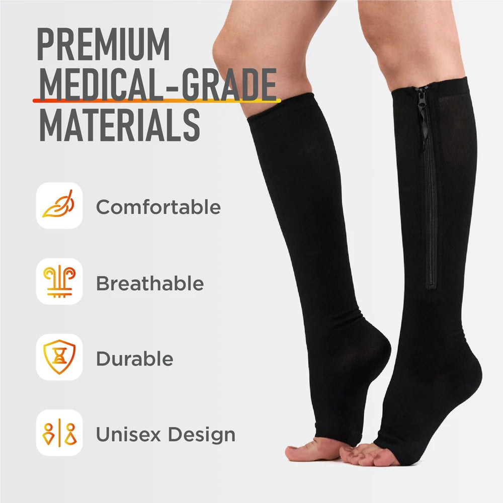 LMXA Comfort-Glide Zipper Compression Socks – 15-20 mmHg Knee-High Graduated Support Stockings for Circulation, Edema, and Limited Mobility