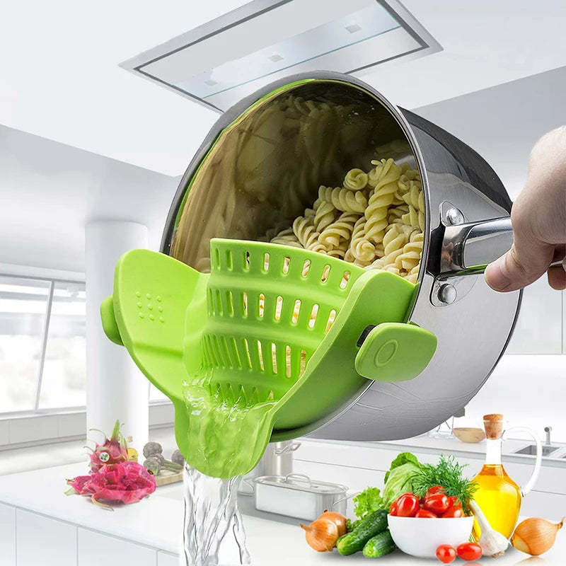 LMXA 穩流夾式濾鍋器 – 符合人體工學的單手矽膠濾器，適用於鍋具、平底鍋和碗的關節炎友善廚房濾器護具