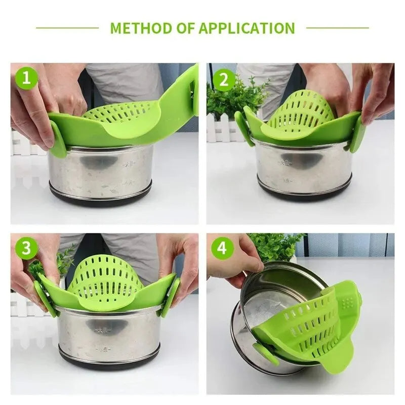LMXA 穩流夾式濾鍋器 – 符合人體工學的單手矽膠濾器，適用於鍋具、平底鍋和碗的關節炎友善廚房濾器護具