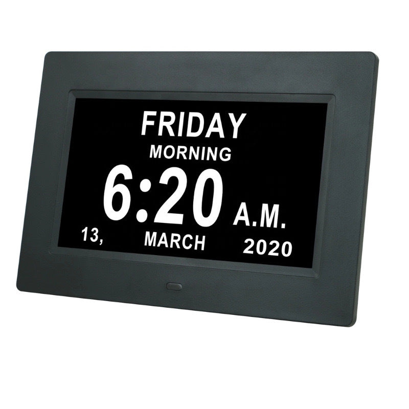 LMXA ClearView Digital Calendar Clock in Black, angled view