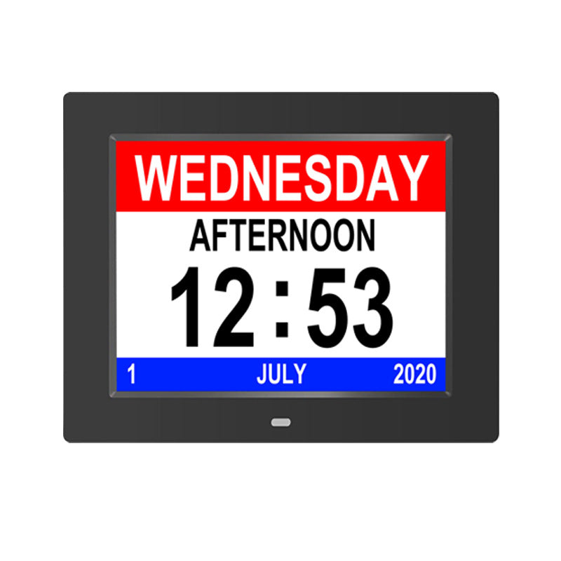 LMXA ClearView Digital Calendar Clock in Black, high-contrast display theme