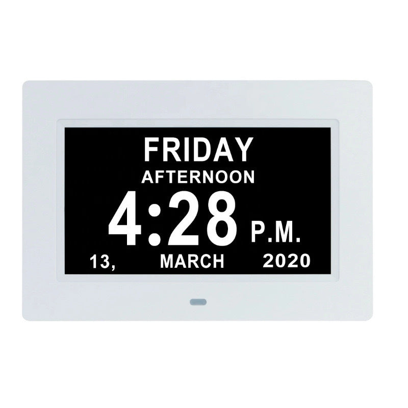 LMXA ClearView Digital Calendar Clock in White, front view