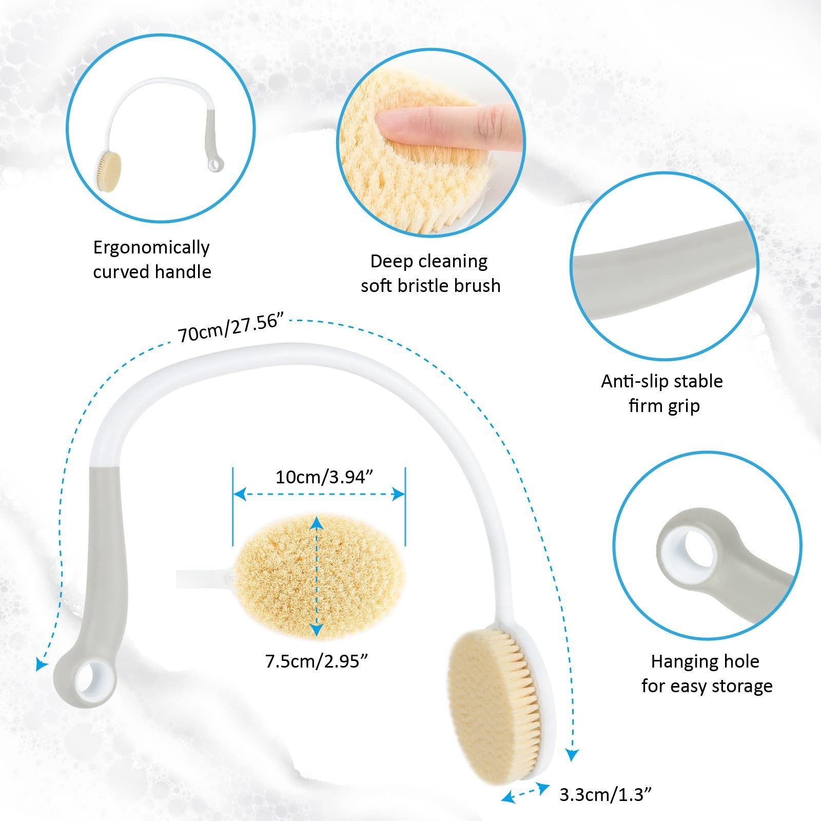 LMXA ReachEase Long Curved Back Shower Brush, dimension diagram