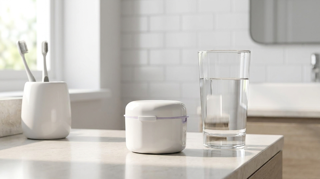 LMXA AeroVent Denture Case on a bathroom vanity counter in everyday use