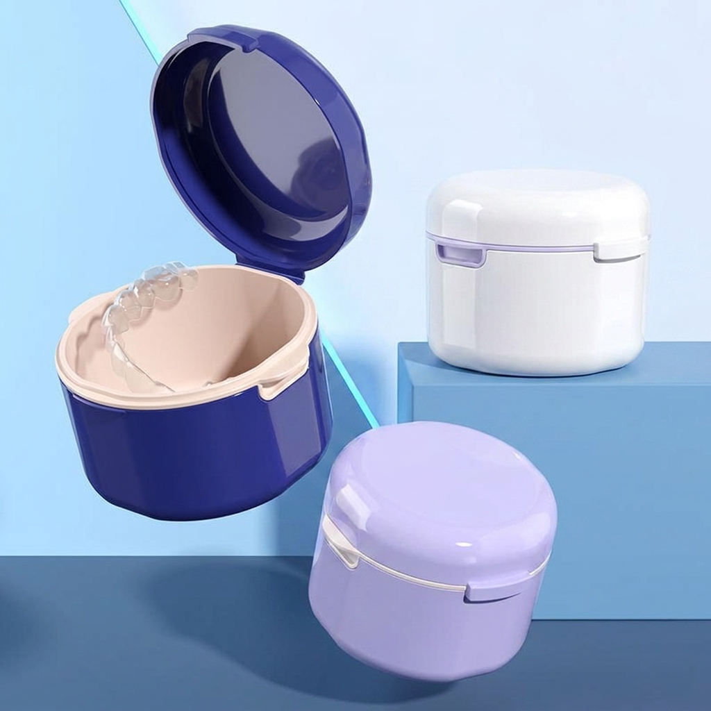 LMXA AeroVent Denture Case shown in blue, violet, and white
