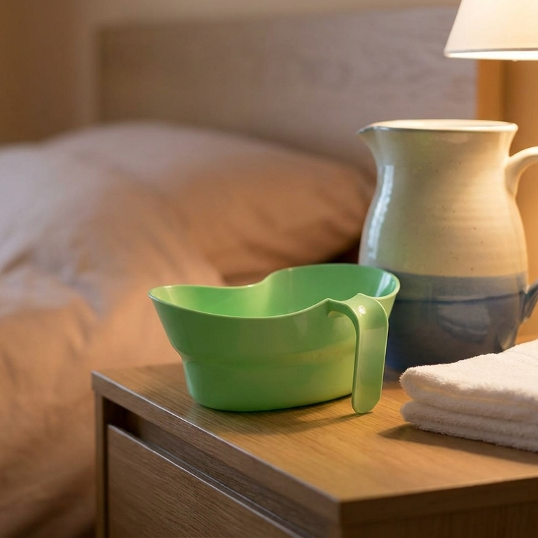 LMXA Comfort-Curve Bedside Rinse Cup on a nightstand in everyday use