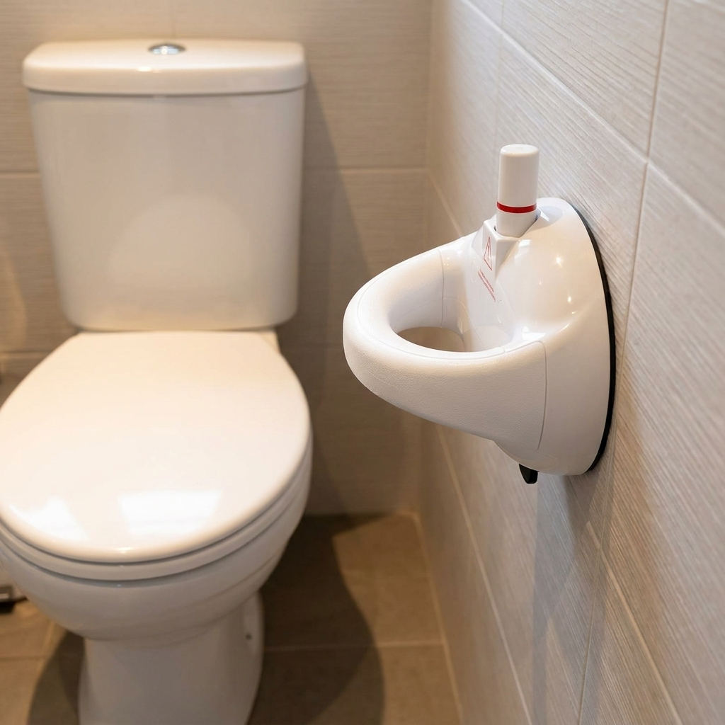LMXA SteadyGrip No-Drill Suction Bathroom Handle mounted on the side wall beside a toilet