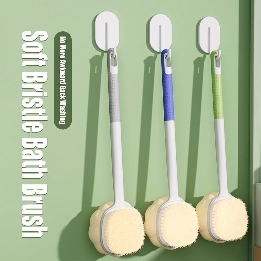 LMXA DualTouch Soft Bristle Bath Brush, hero shot in Grey, Blue, and Green