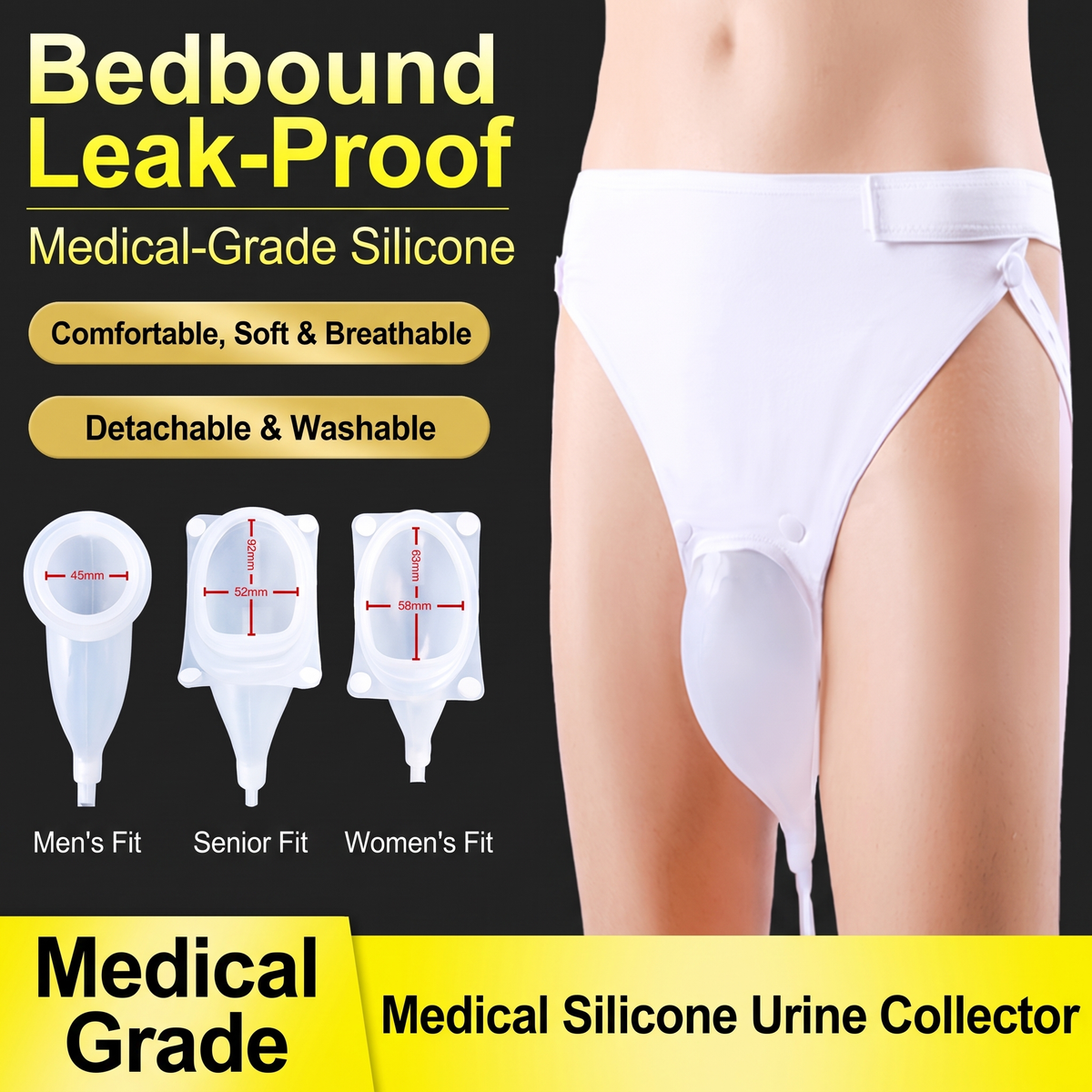 LMXA ComfortSeal Silicone Urine Collector, hero shot with fit sizes