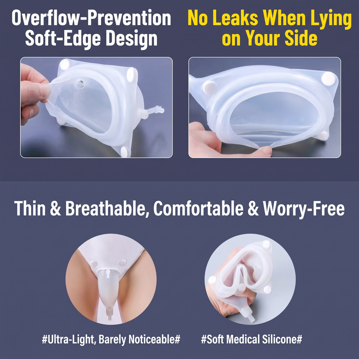 LMXA ComfortSeal Silicone Urine Collector, overflow-prevention design detail