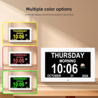 LMXA ClearView Digital Calendar Clock, multiple color display themes on white frame