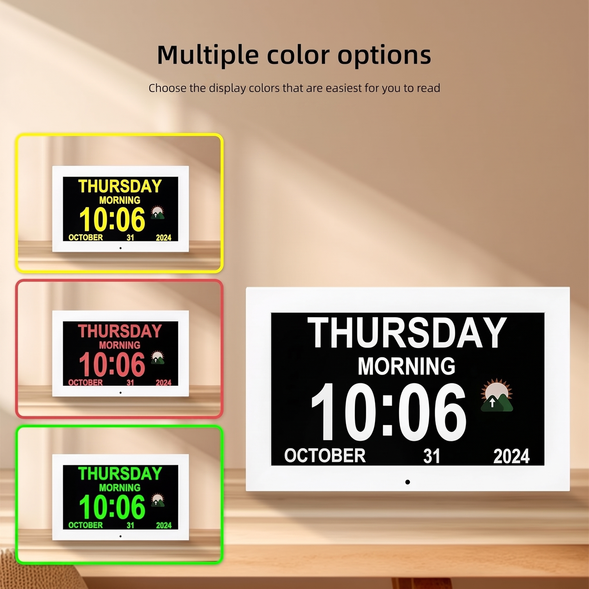 LMXA ClearView Digital Calendar Clock, multiple color display themes on white frame