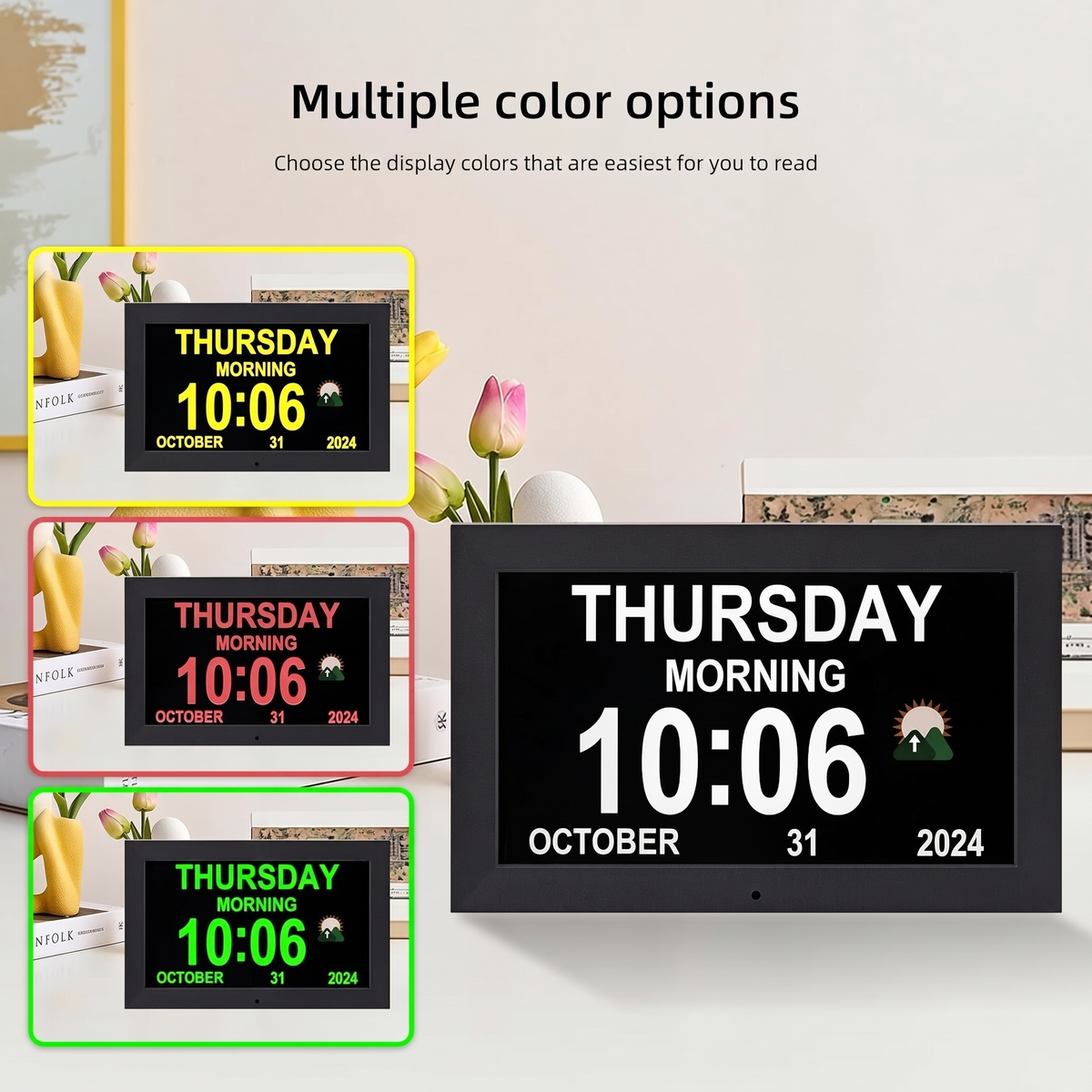LMXA ClearView Digital Calendar Clock, multiple color display themes on black frame