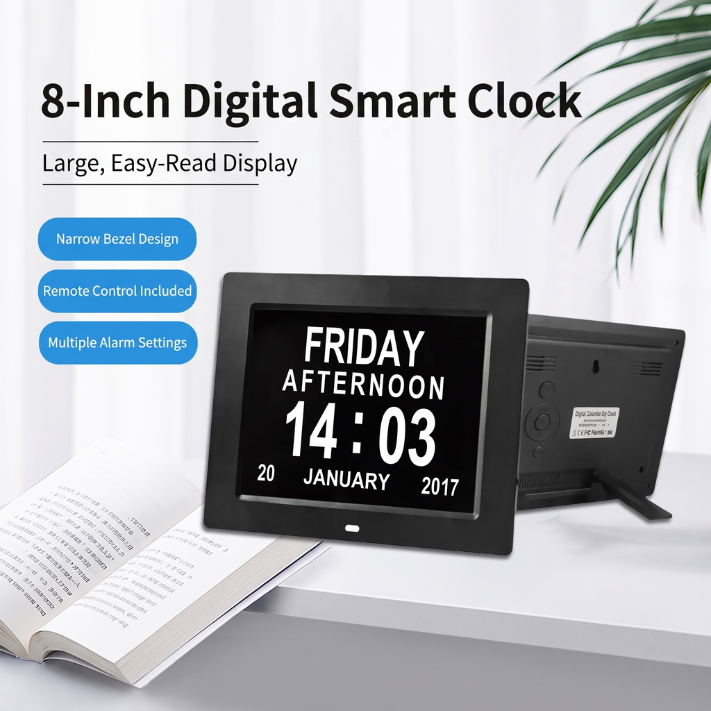 LMXA ClearView Digital Calendar Clock, hero shot with feature callouts