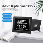 LMXA ClearView Digital Calendar Clock, hero shot with feature callouts
