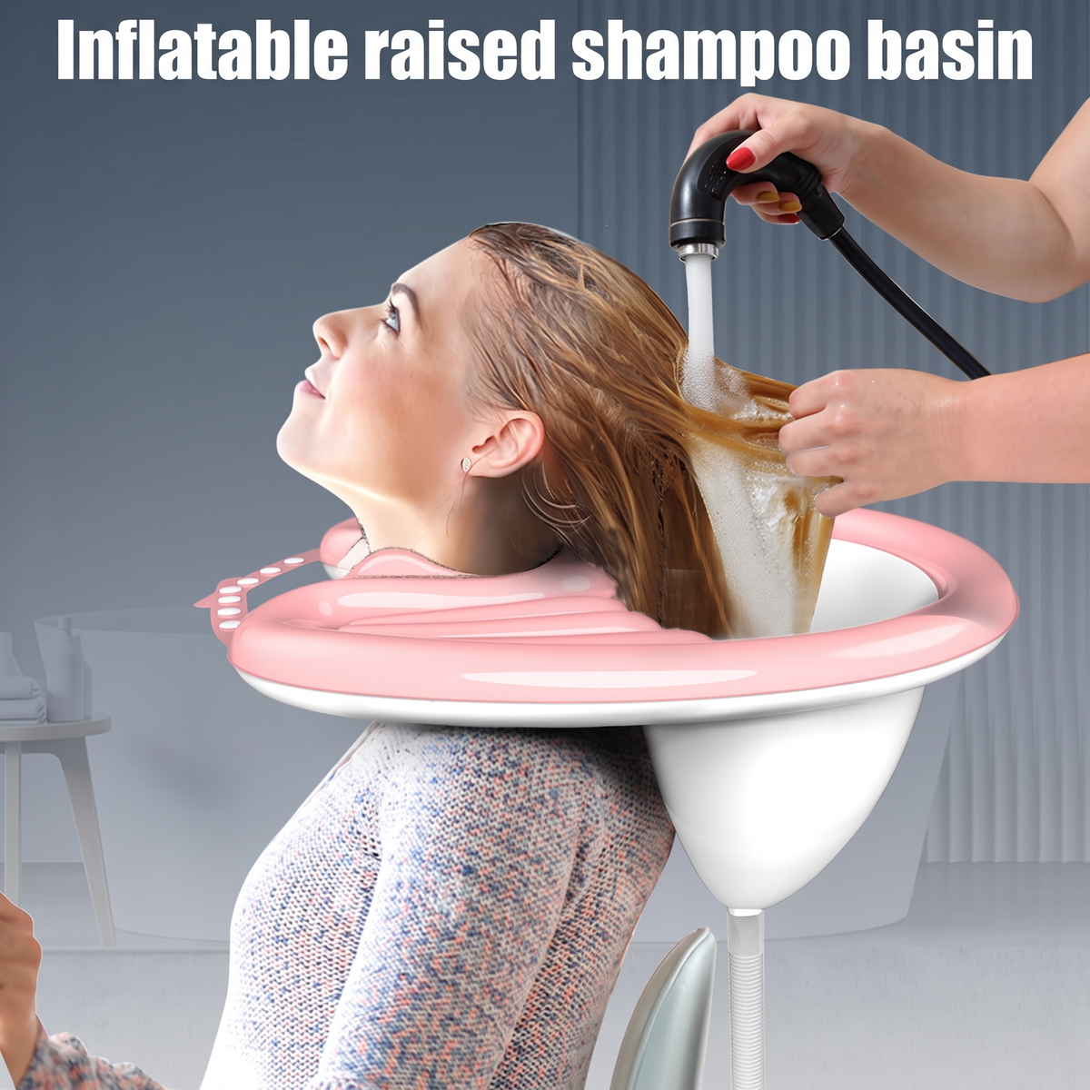 LMXA ComfortWash Inflatable Shampoo Basin in use, being washed while reclined
