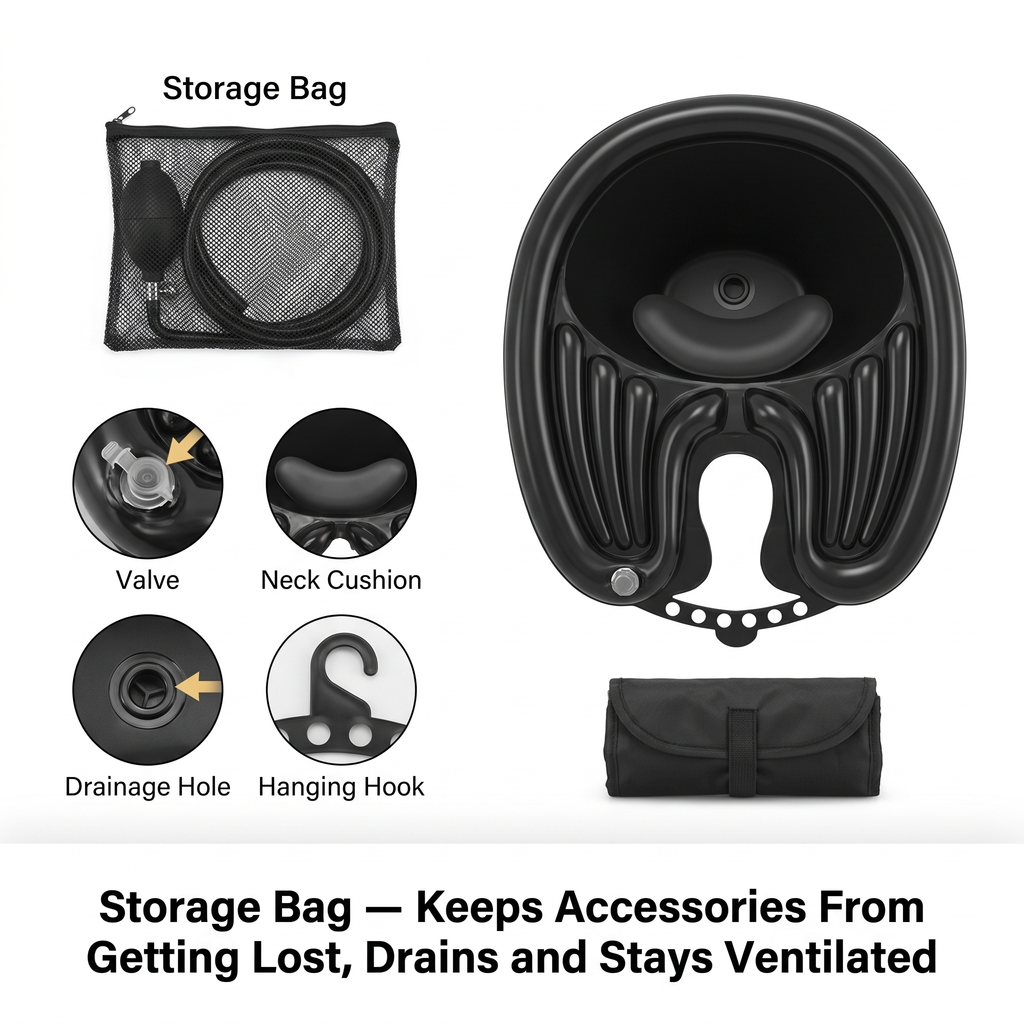 LMXA ComfortWash Inflatable Shampoo Basin, accessory kit and storage bag
