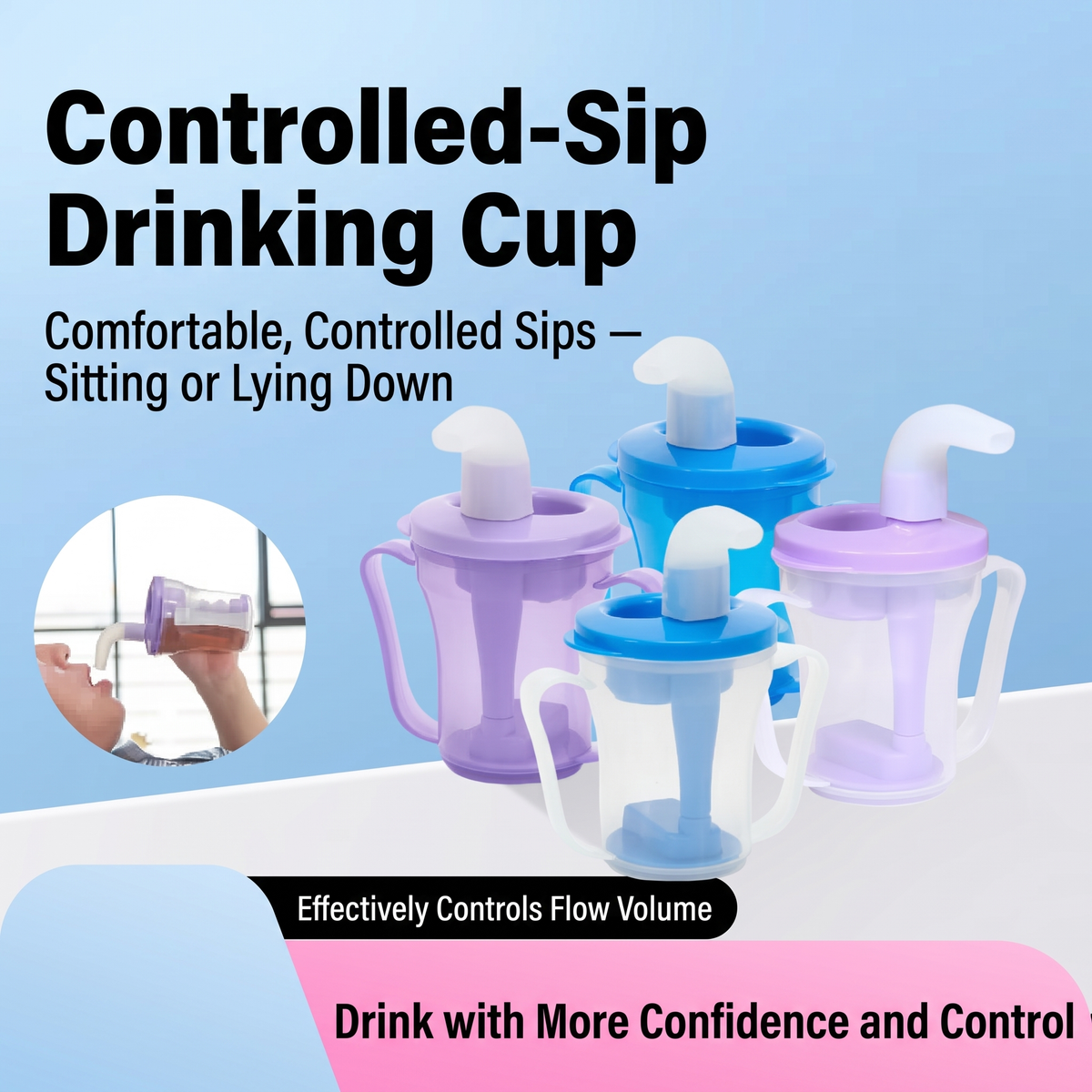 SteadySip Measured-Flow Drinking Cup, hero shot in Blue and Purple