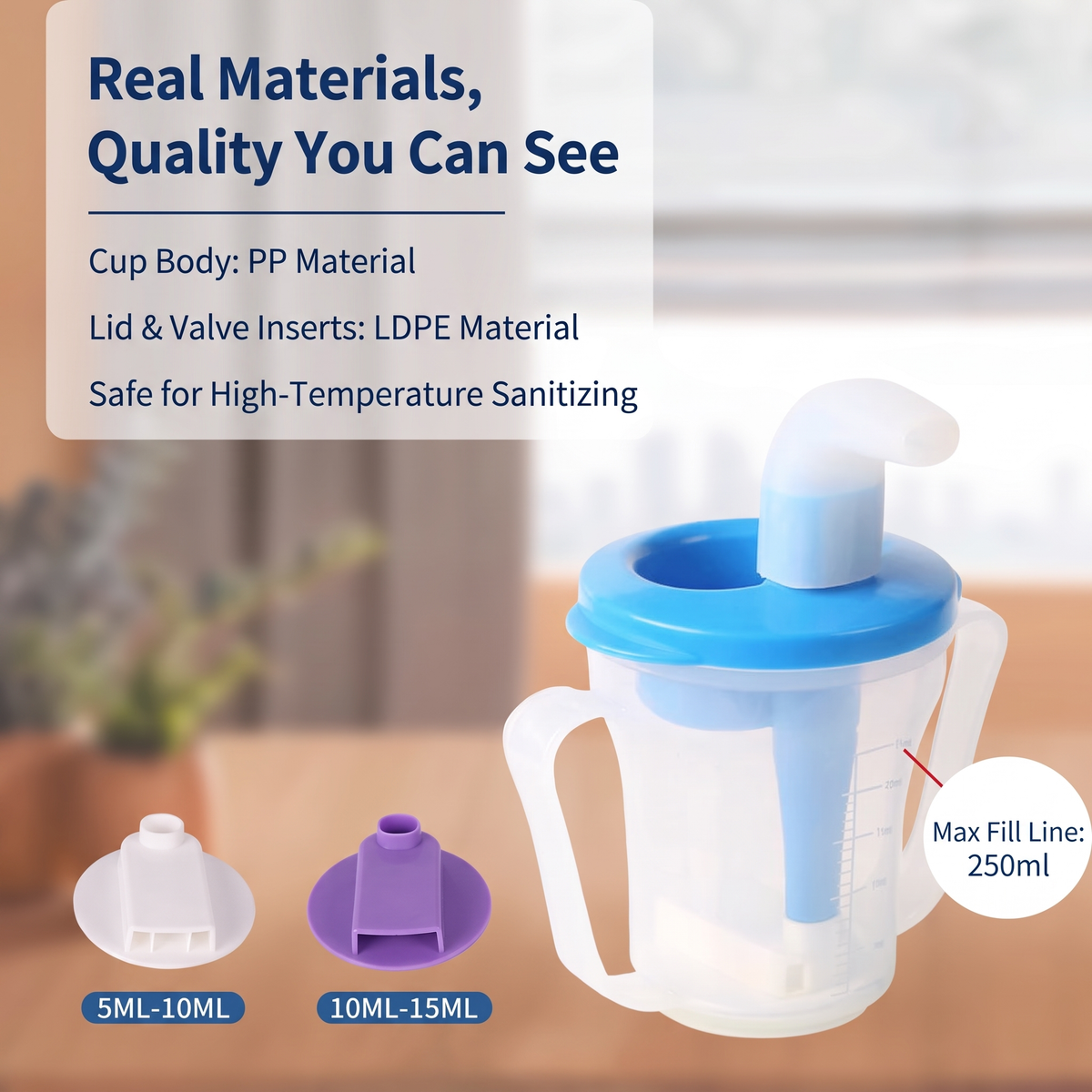 SteadySip Measured-Flow Drinking Cup, material and capacity spec