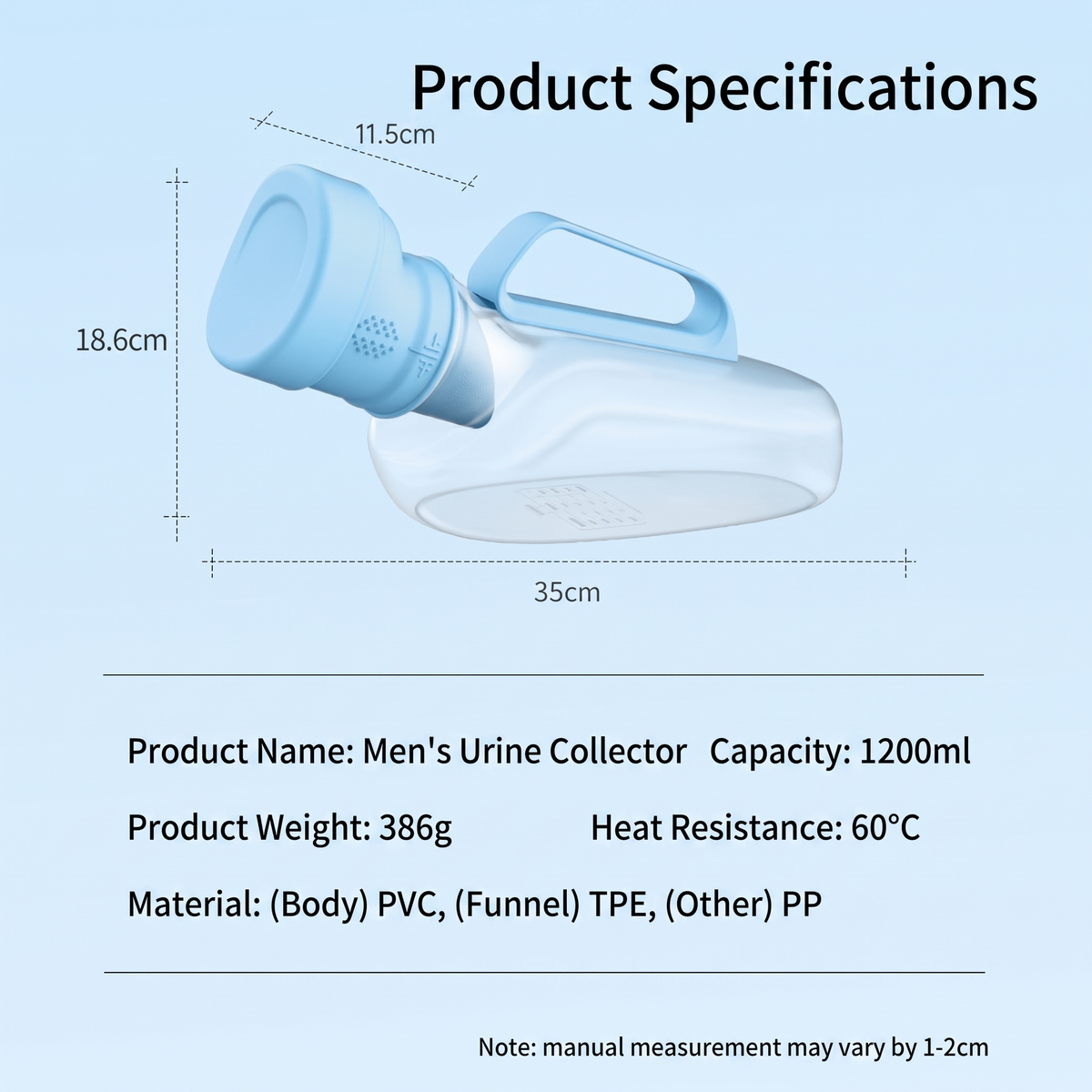 ComfortFit Men's Bedside Urinal, product specifications and dimensions
