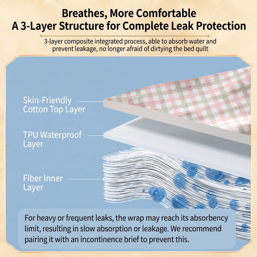 WrapGuard Washable Leak-Protection Wrap, 3-layer construction diagram